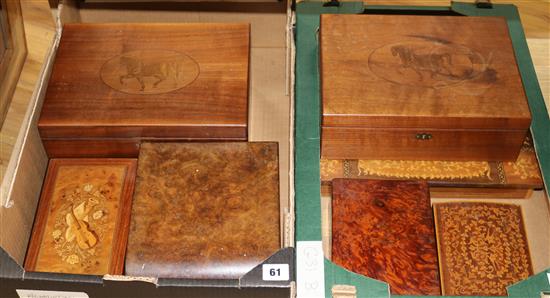 Seven various boxes, including three marquetry examples